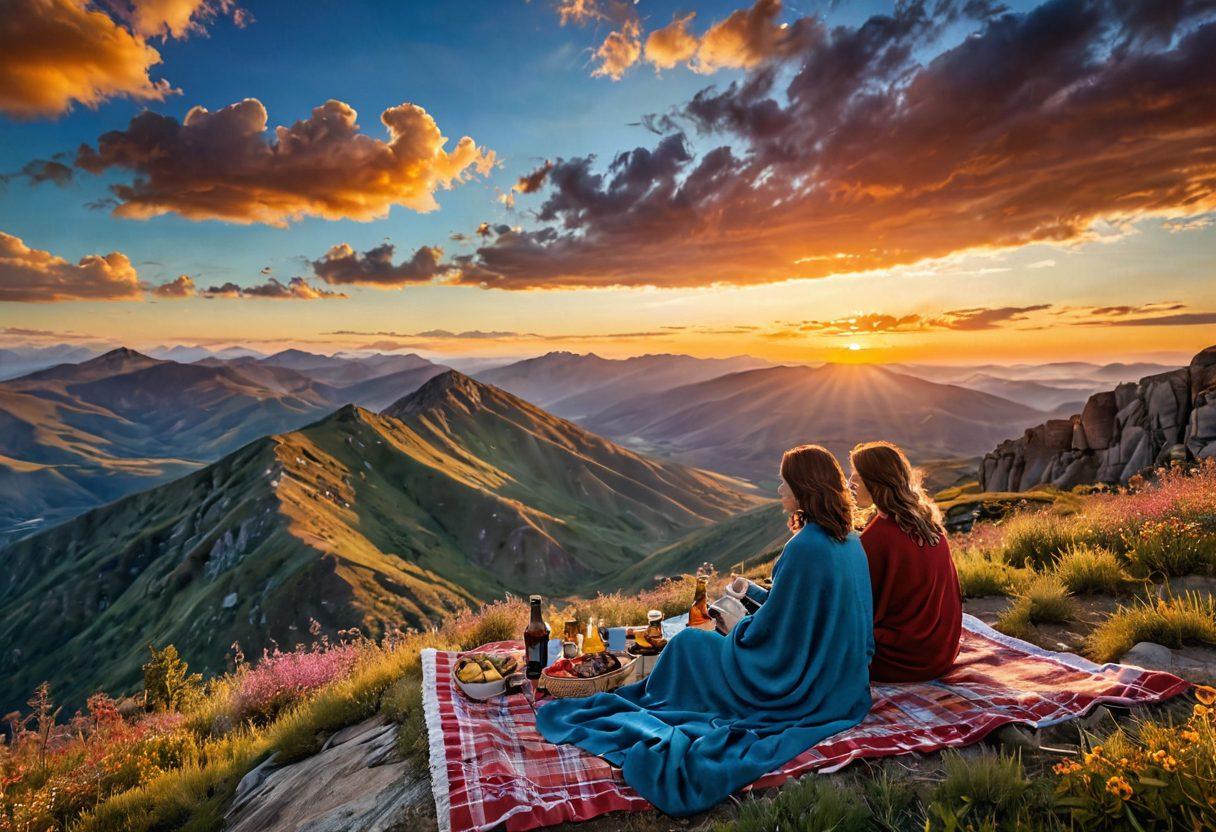 A breathtaking view of a couple enjoying a sunset picnic atop a mountain peak, with sweeping valleys below and wispy clouds surrounding them. The scene should capture the essence of adventure and romance, highlighting their joyful expressions and a cozy setup of a blanket, gourmet snacks, and a thermos. Include vibrant colors in the sky and natural elements like wildflowers and birds. romantic outdoor theme. vibrant colors. super-realistic.