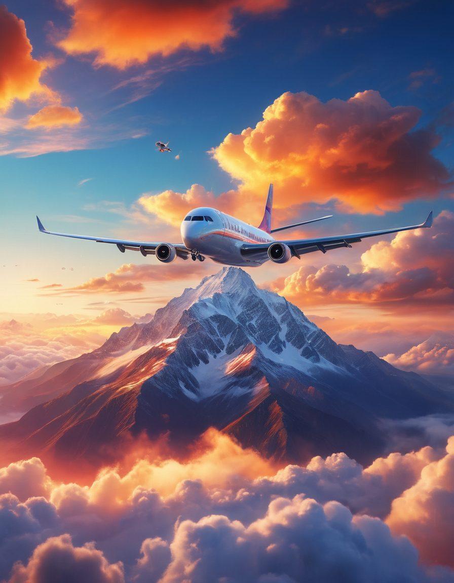 A breathtaking aerial view capturing a vibrant sunset over a majestic mountain range, while a sleek airplane glides smoothly through soft clouds. Below, a diverse group of happy travelers wave goodbye as they embark on a new journey, embodying the spirit of adventure and connection. Whimsical illustrations of famous landmarks appear in the clouds symbolizing travel destinations. surrealistic. vibrant colors. 3D.