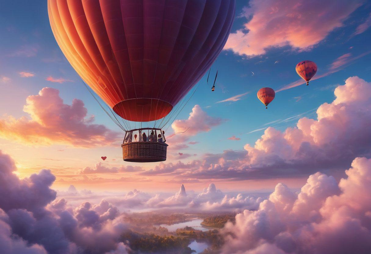 An enchanting scene of a couple in a hot air balloon, floating above a picturesque landscape filled with vibrant sunsets and fluffy clouds. Below, a valley adorned with romantic getaways like cozy cabins and shimmering lakes, symbolizing passionate adventures. The couple, with joyful expressions, holds hands, surrounded by soft colors and whimsical elements like heart-shaped clouds. super-realistic. vibrant colors. dreamy atmosphere.